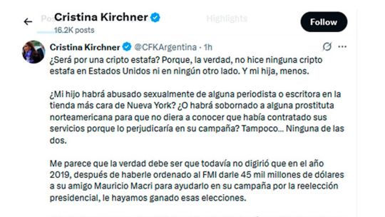 La expresidenta dijo que la prohibición estadounidense fue un pedido de Javier Milei